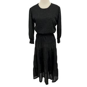 Vintage 70s Black and Gold Skirt Shirt Set Metallic Semi Sheer Home Made Size S